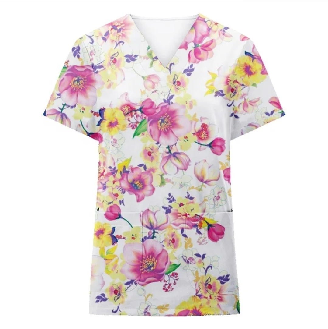 V-Neck, Casual Comfortable Breathable Women's Scrub with Floral Print.